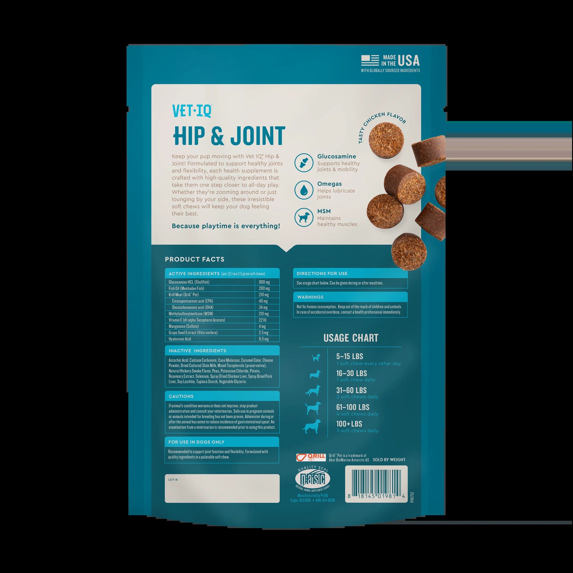 (3 Pack) Vetiq Hip & Joint Supplement for Dogs, Chicken Flavored Soft Chews, 7.4 Oz, 60 Count